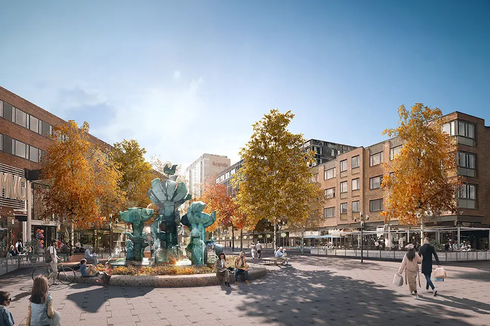 Nya utformningen av den södra delen av Renmarkstorget med Stig Lindberg-fontänen till vänster.