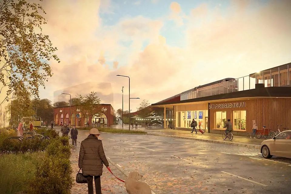 3D illustration över området vid resecentrum. En livfull gatumiljö i skymningsljus med människor som rör sig mellan ett modernt resecentrum och ett café i en tegelbyggnad. En äldre person går med en hund i förgrunden, cyklar står parkerade längs gatan, och en buss syns i bakgrunden. Ett tåg står på en upphöjd plattform ovanför resecentrumet, där resenärer går in och ut. Ljusslingor och modern stadsbelysning skapar en varm atmosfär.